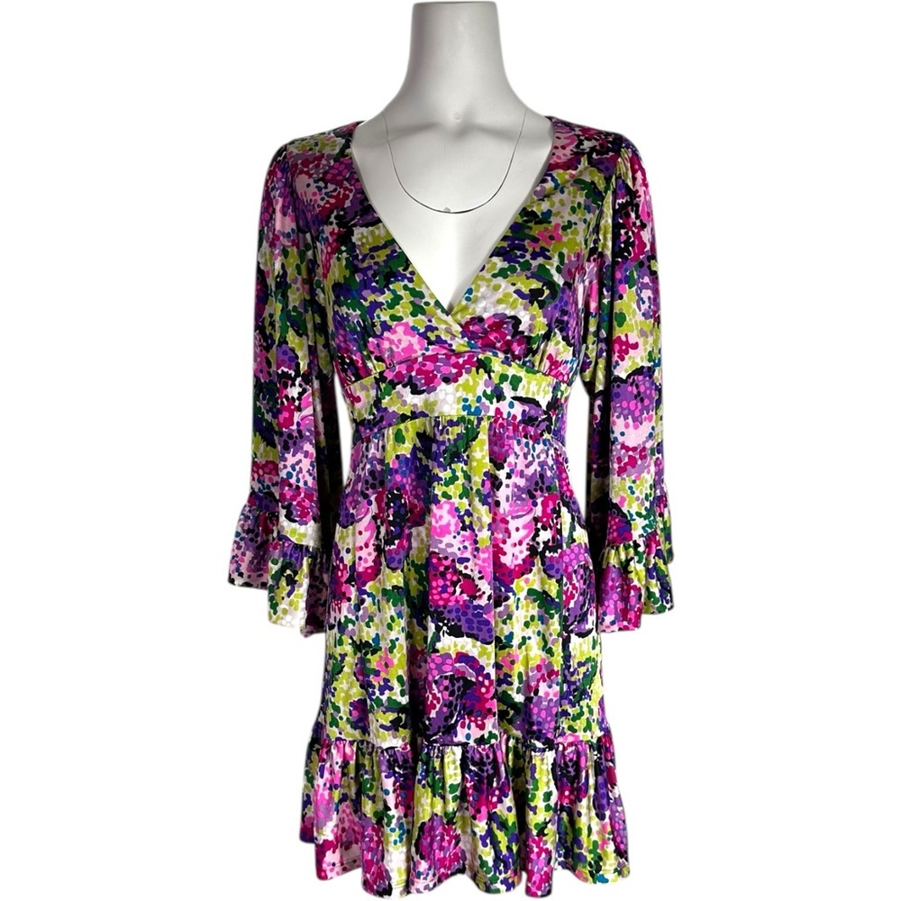 Betsey Johnson Pink Purple Floral Ruffles Dramatic Sleeves Dress Y2K Size 8